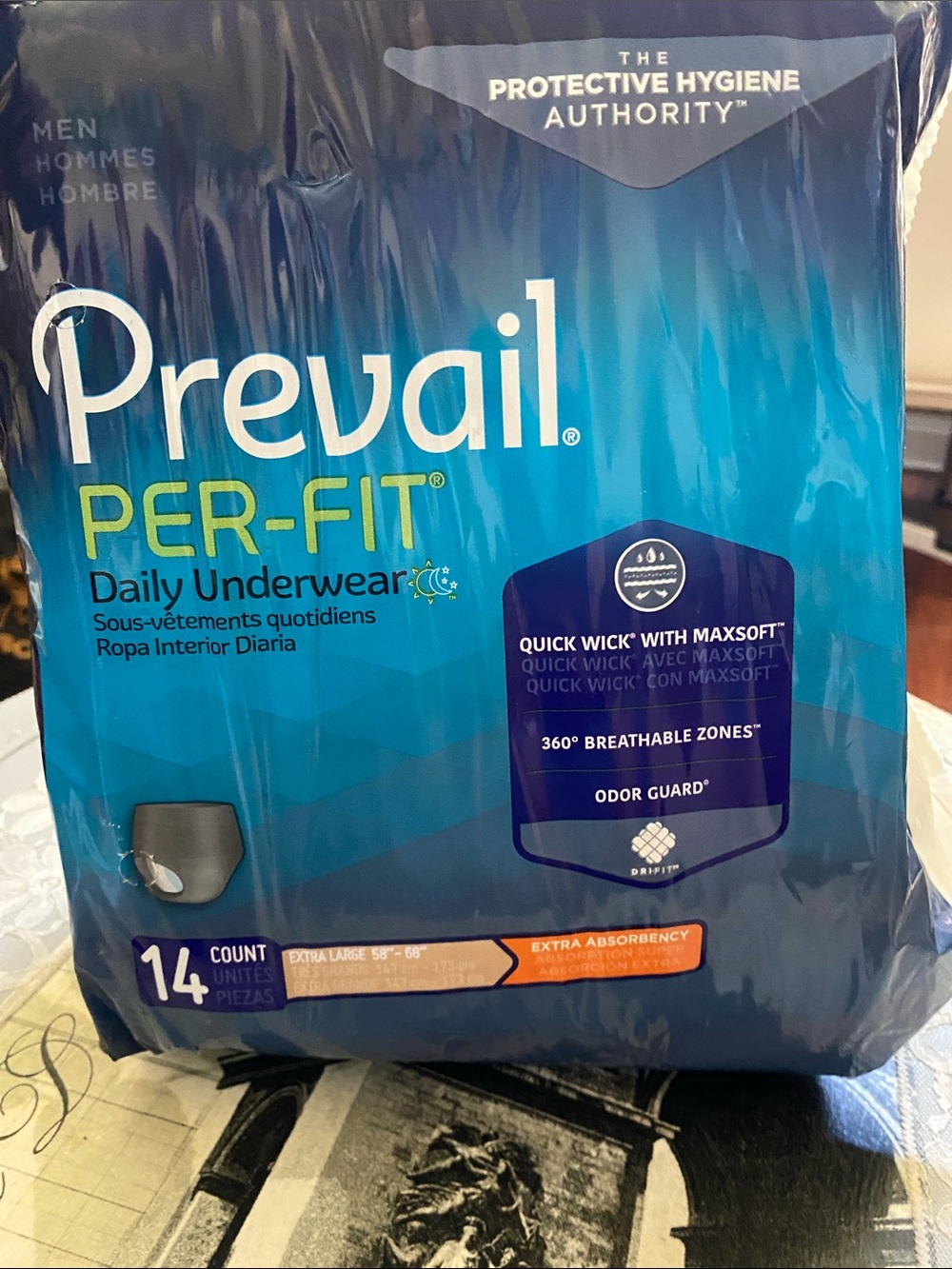 Prevail Per-Fit Men's XL 58-68” Daily Underwear Quick Wick odor Guard